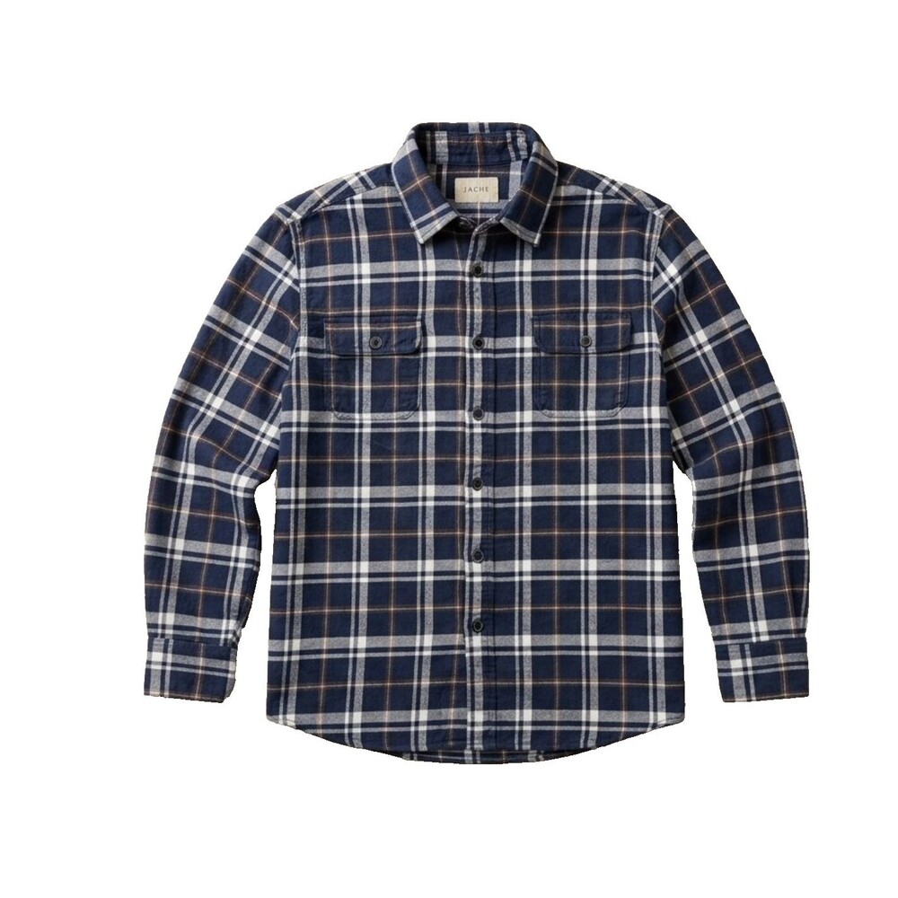 Jachs NY Men M Flannel Shirt Navy Blue Plaid Cotton Button Up Long Sleeve Work